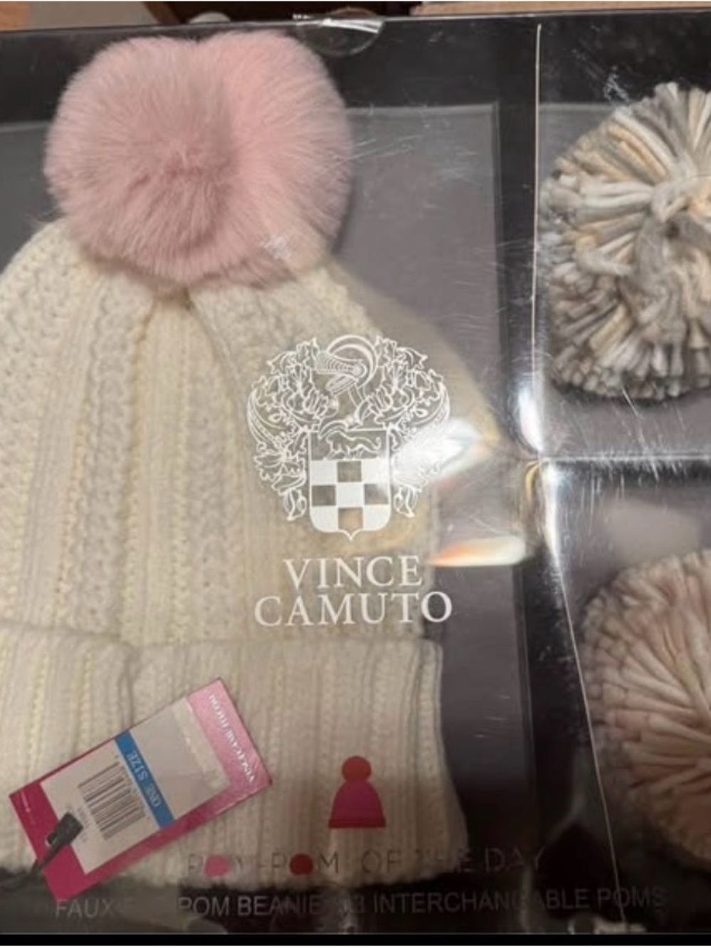 Vince Camuto Cream Knit Beanie w/assorted Pom Poms NEW